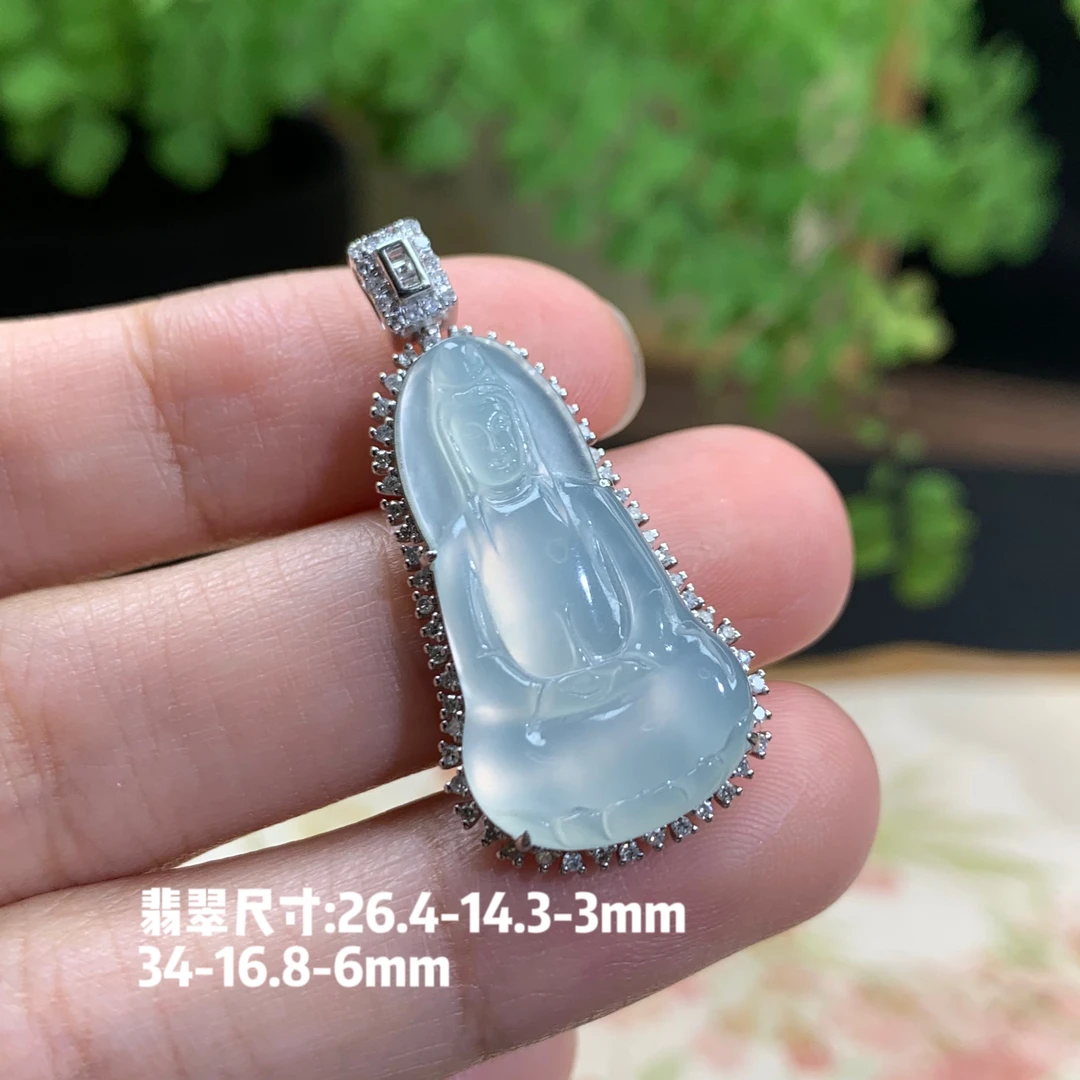 仙子翡翠18k金镶嵌高冰起光茅台白素衣观音吊坠缅甸翡翠A货冰透亮
