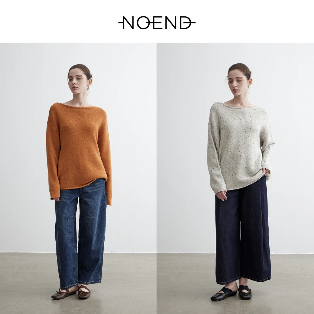 NOEND25SS 100%绵羊毛花纱宽松套头卷边毛衣