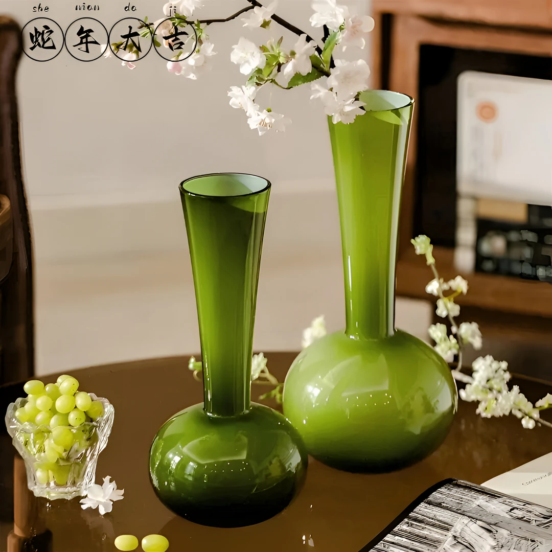 碧琢中古绿高级长颈玻璃花瓶摆件仿真花客厅插花法式家居装饰鲜花