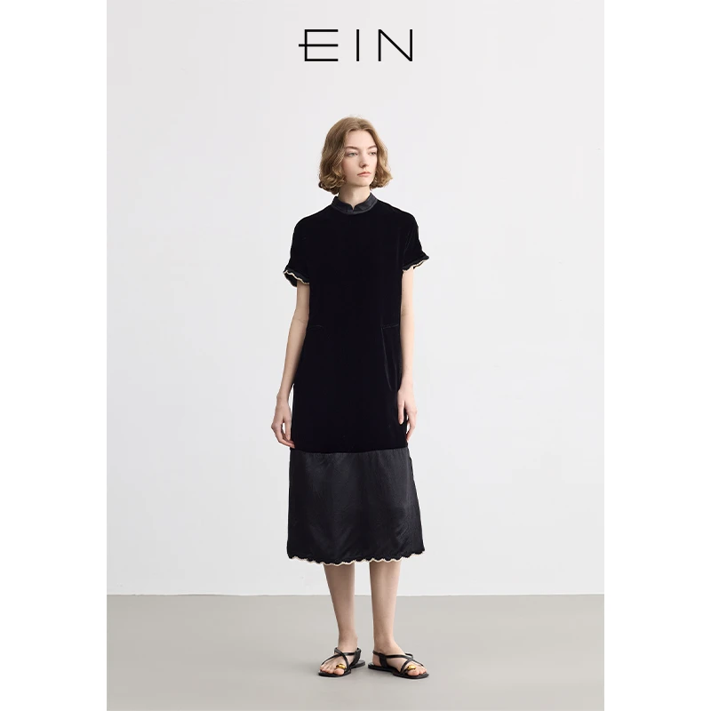 EIN/言轻礼服新中式立领乔绒花边拼接旗袍式连衣裙2025春夏新款