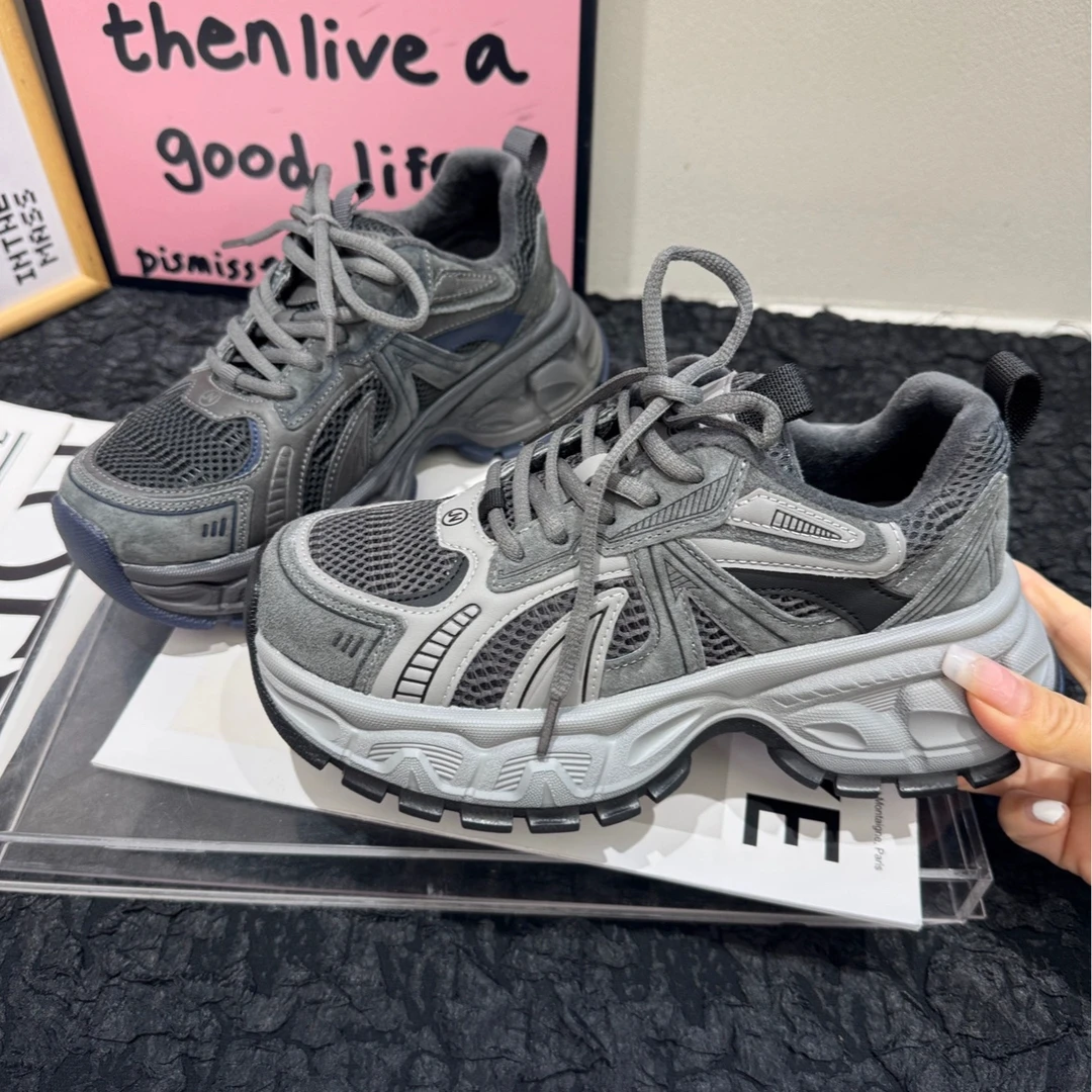 欧洲站爆款真皮厚底时尚老爹鞋女2025冬季加绒百搭轻便运动休闲鞋