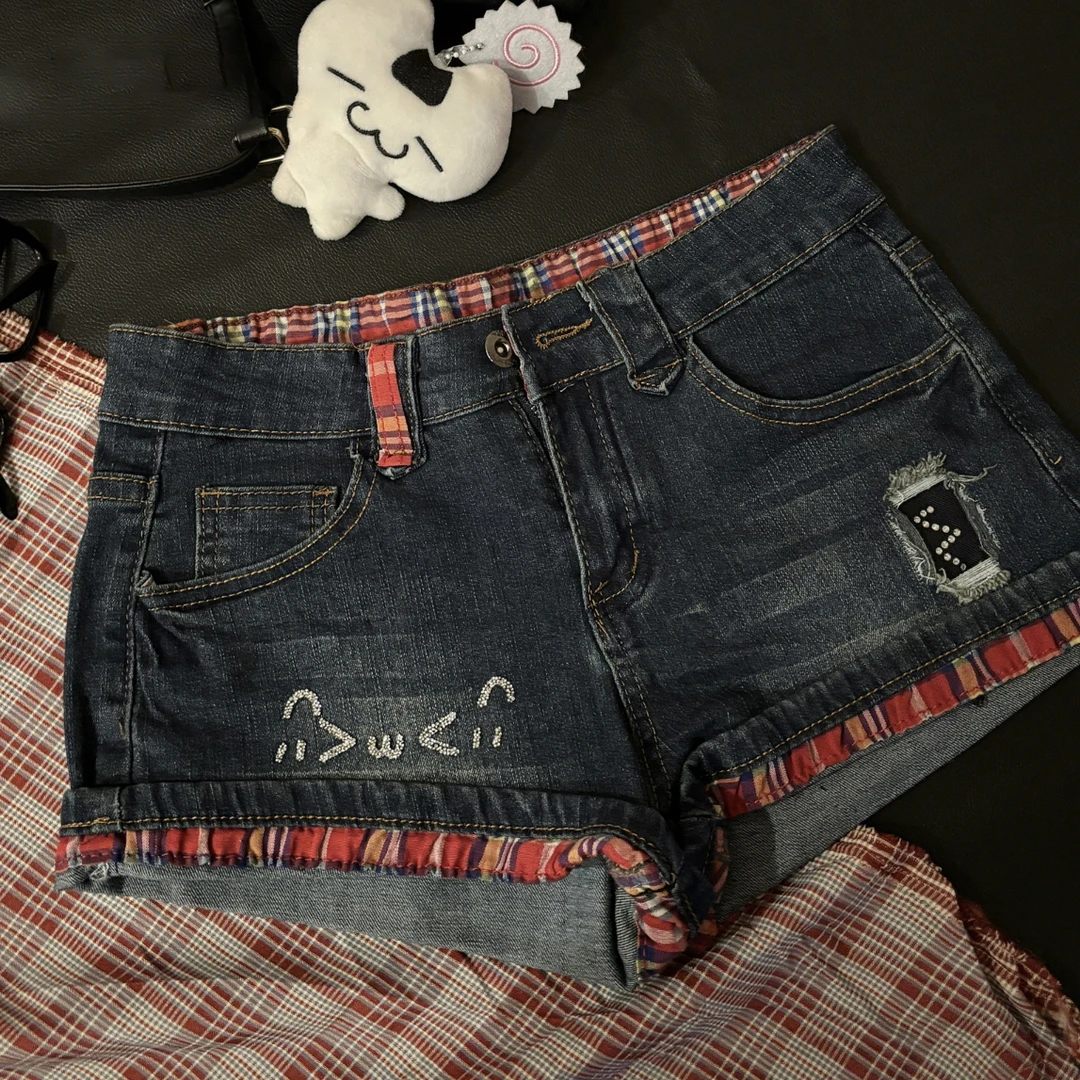 美式辣妹低腰牛仔短裤女夏季新款格子拼接设计感小众高腰阔腿裤子