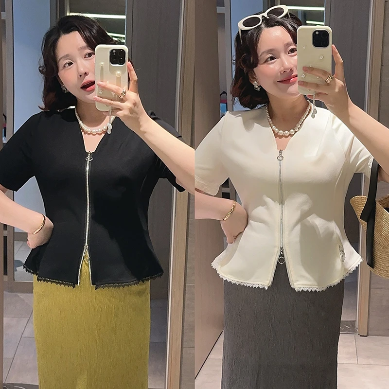 【DIS 现货】【悸动旋律】夏季百搭收腰v领蕾丝花边拼接T恤Z525X04099