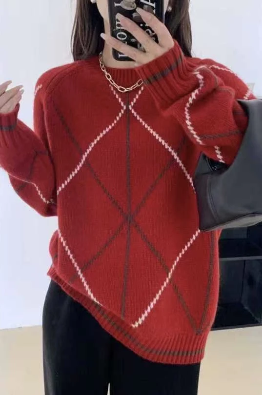小岛微风 菱格提花撞色设计感慵懒风针织衫9756