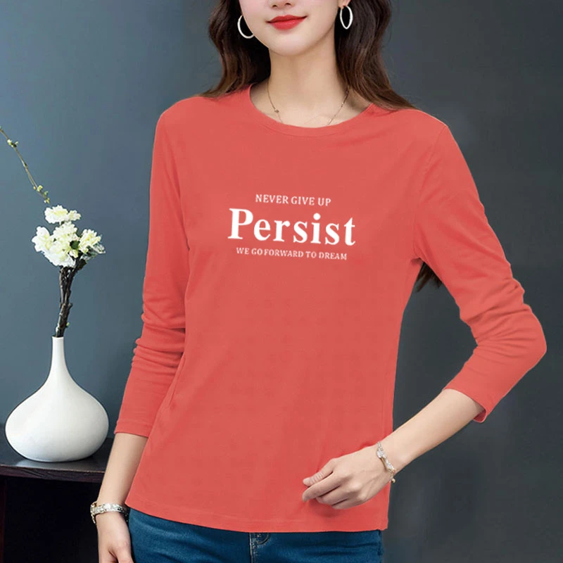 女士洋气百搭长袖t恤女装纯棉上衣100%全棉春秋印花圆领内搭小衫