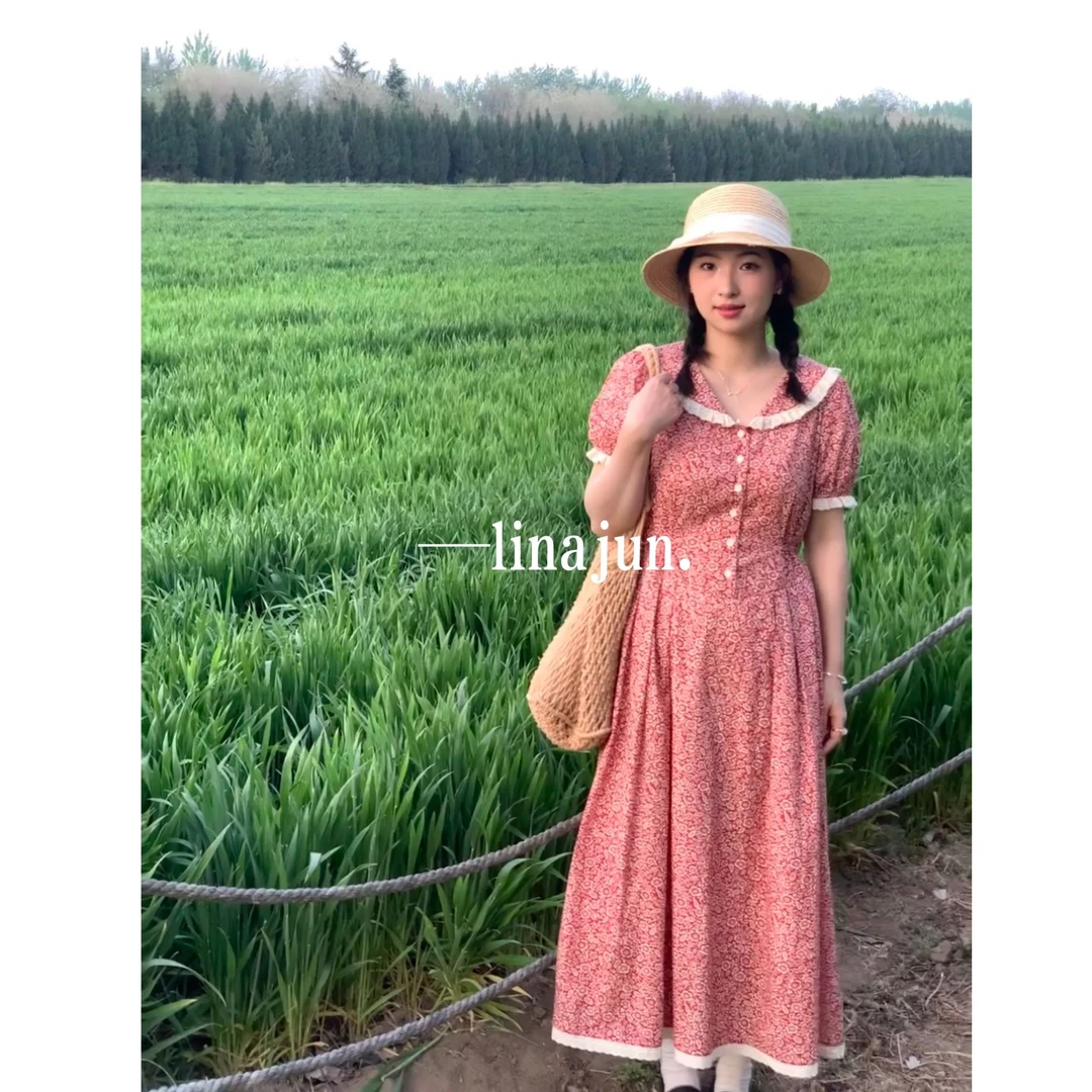4.12《红雀》阿俊自制夏季新款法式复古碎花少女风披肩领收腰连衣裙
