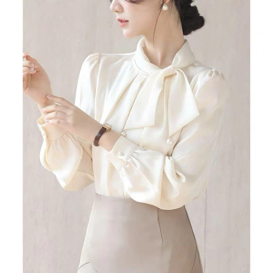 【苗姐优选】法式温柔蝴蝶结衬衫早春新款复古缎面垂感上衣DZZ9166