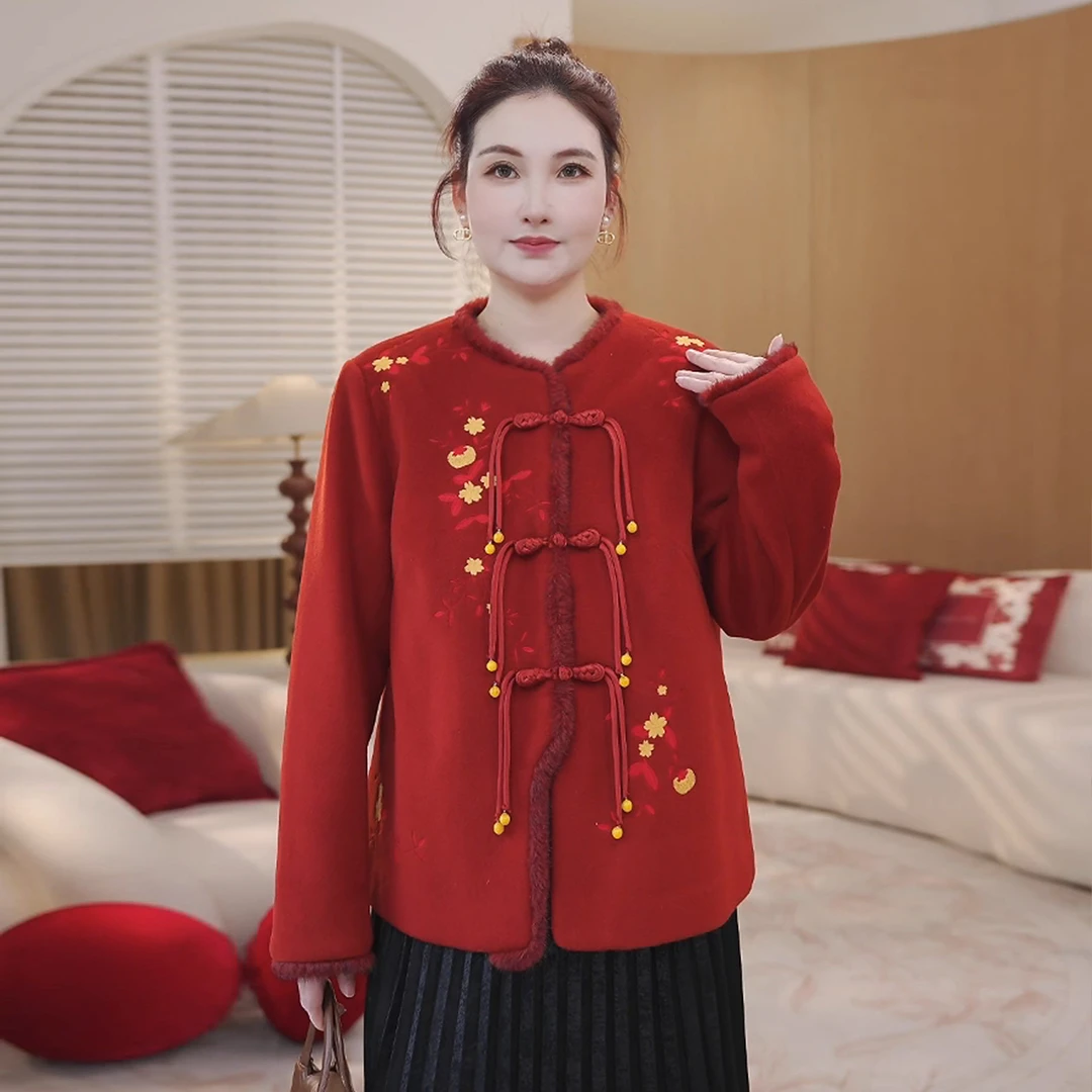 MsShe大码女装2026新款春新年红色新中式盘扣毛呢外套S~E2601018