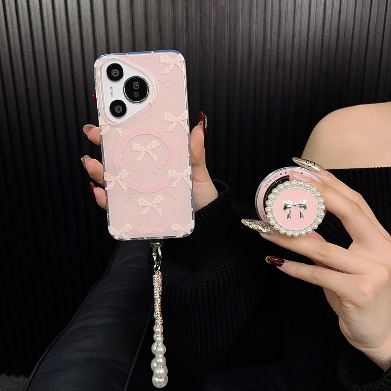 适用华为pura70pro手机壳新款p70套huawei小清新珍珠蝴蝶结支架女