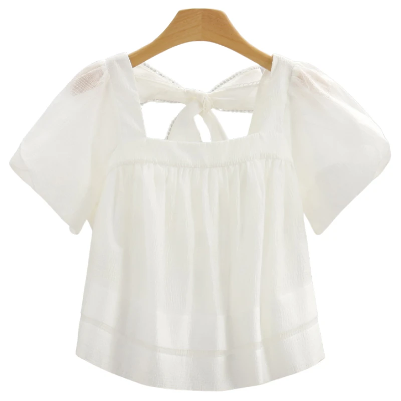 F2238-【桌】泡泡袖绑带宽松纯色雪纺衫#ZJW56S003