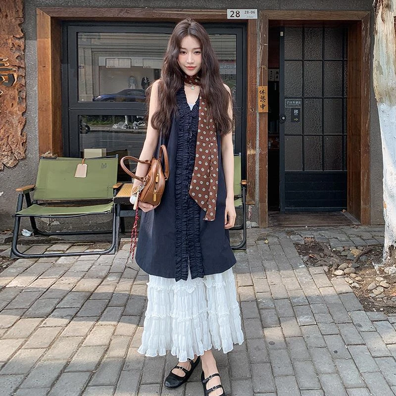 黑色木耳边设计感无袖连衣裙女2025夏季新款小个子气质显瘦背心裙