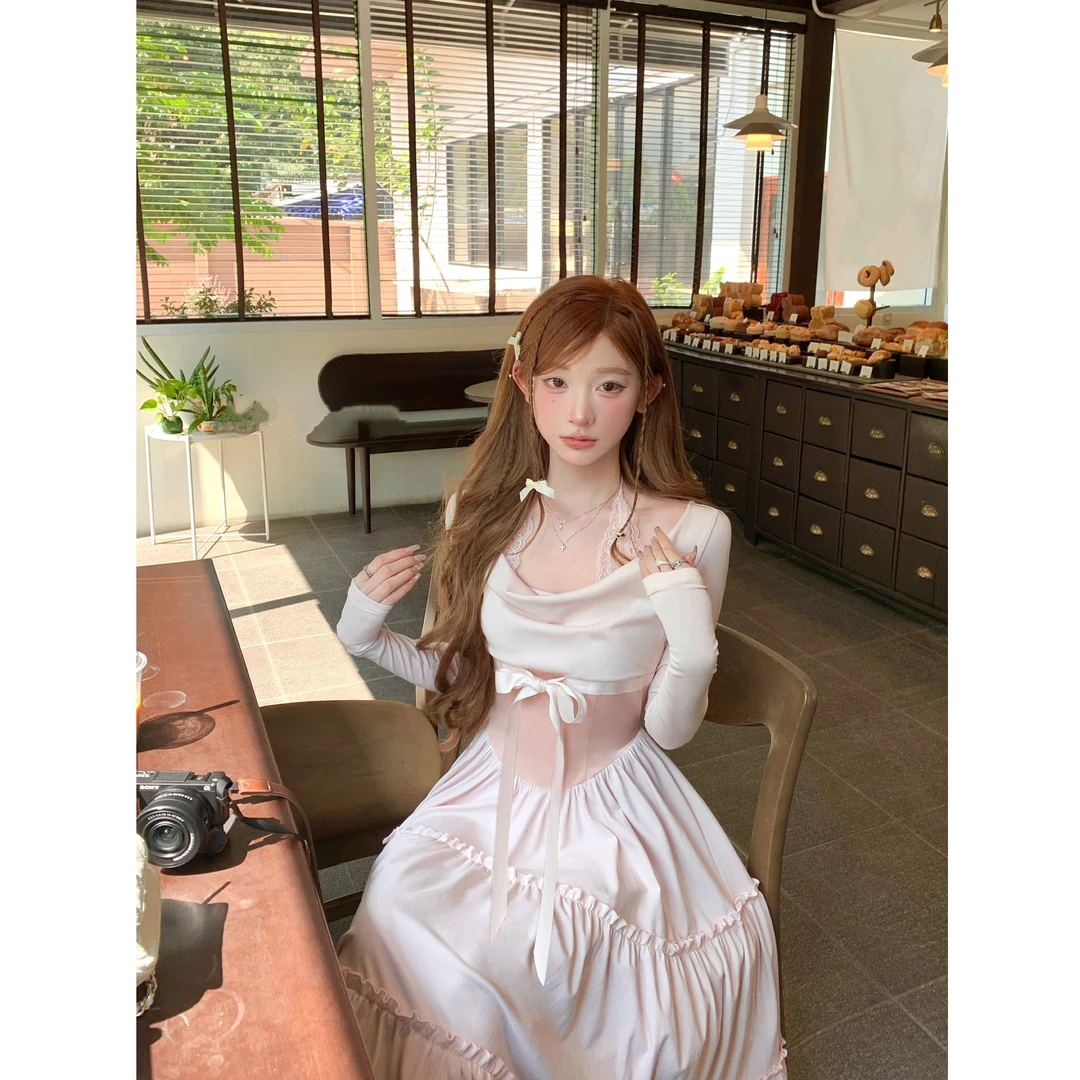 鸢尾诗行 2025新款粉色荡领系带挂脖连衣裙收腰气质长裙