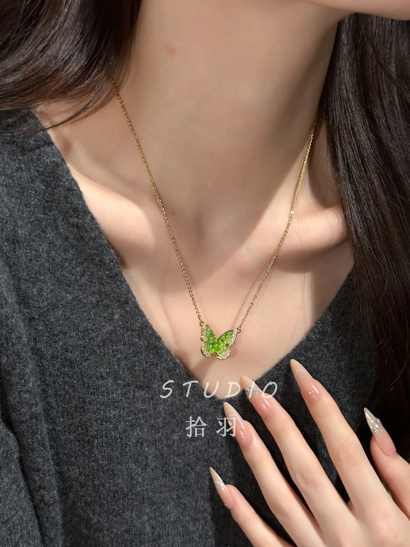 铜项链 绿色蝴蝶项链女小众时尚百搭简约设计高级感锁骨链