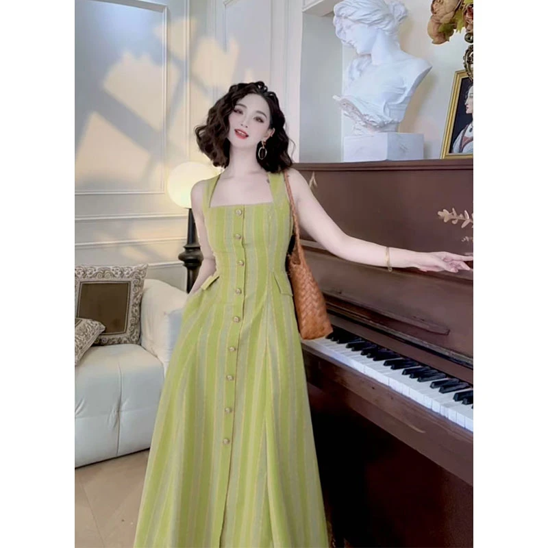 LAOXIAO『绿野仙踪』法式轻奢气质收腰连衣裙优雅小众设计感192