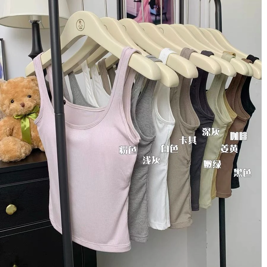 螺纹小方领背心女夏外穿显胸显腰细带胸垫内搭bra防走光内衣打底