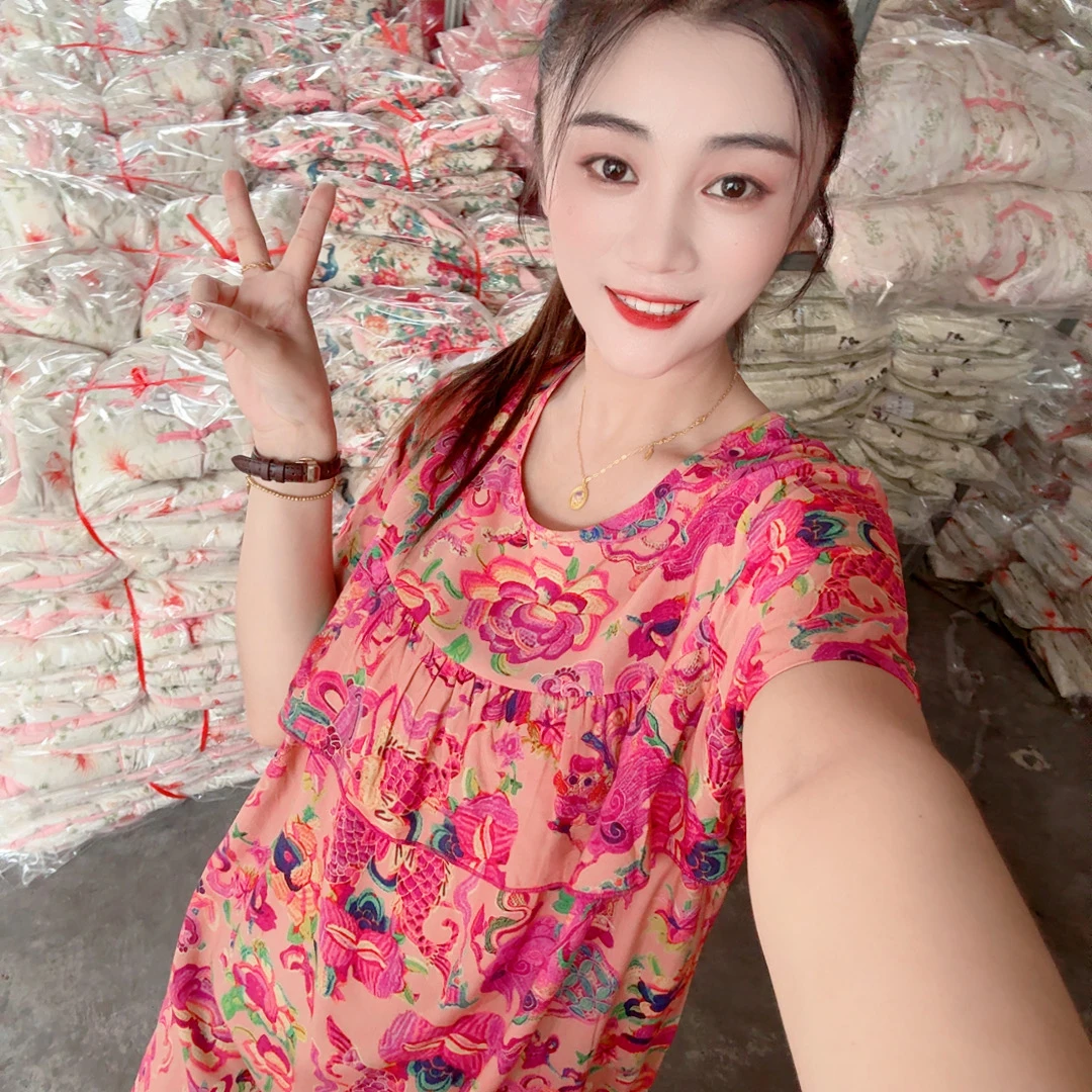 大码夏季新款棉绸睡裙防凸点荷叶边宽松居家显瘦棉绸睡裙中长款