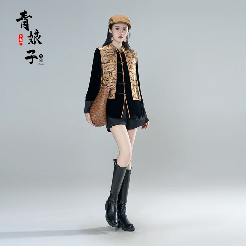 青娘子100真丝（未夏）丝绒拼接假两件印花中式禅意百搭外套-61339