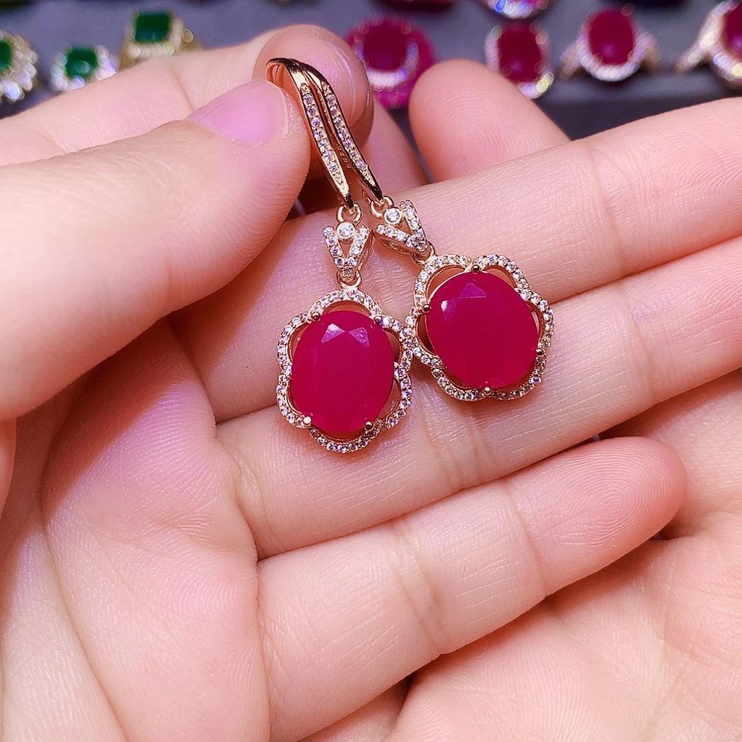 银S925镶嵌耳饰红宝石心***啊
