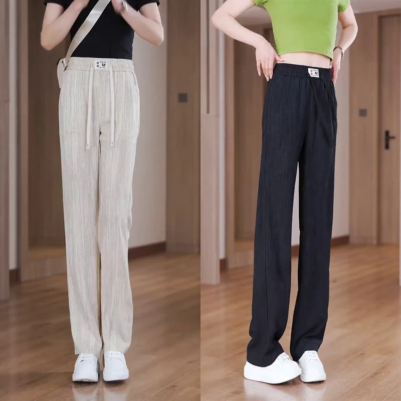 2025冰丝窄版阔腿裤女夏季2025新款高腰抽绳肌理感慵懒休闲直筒裤