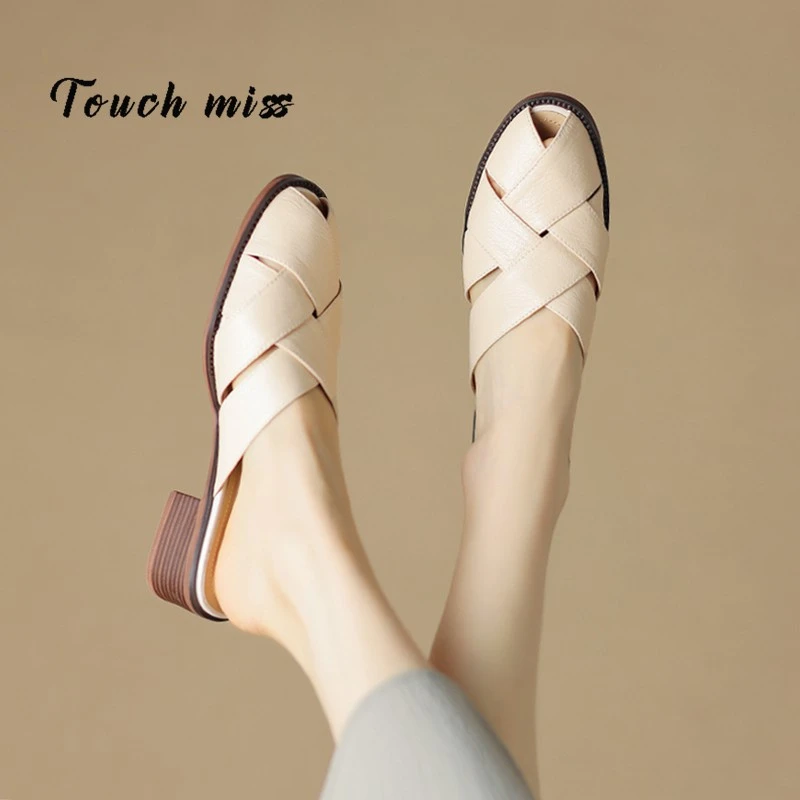 TOUCH MISS拖鞋女夏季外穿粗跟凉鞋2025新款编织凉拖鞋中跟穆勒鞋