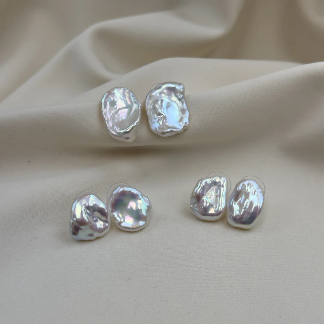 TE225【天然野生】极炫光彩云之巅KESHI珍珠耳钉多样性发一