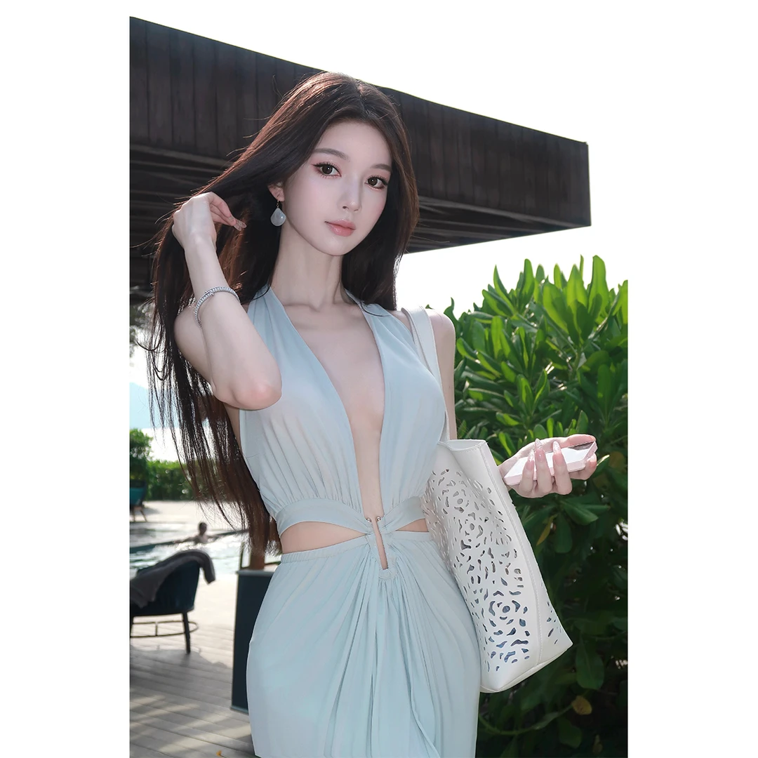 DFAY原创海边度假深v性感挂脖连衣裙露腰气质纯欲露背裙子女春夏