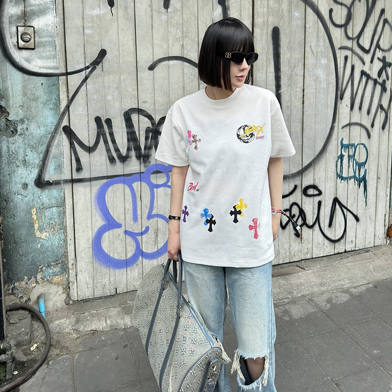 【彩绘十字】2025新款时尚百搭彩绘十字工艺圆领套头T恤男女同款