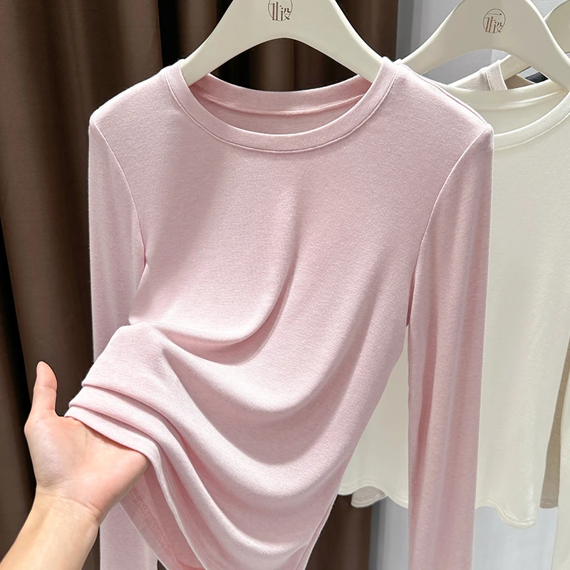 粉色长袖圆领t恤女款2025新款爆款纯色打底衫薄款冰丝修身上衣潮