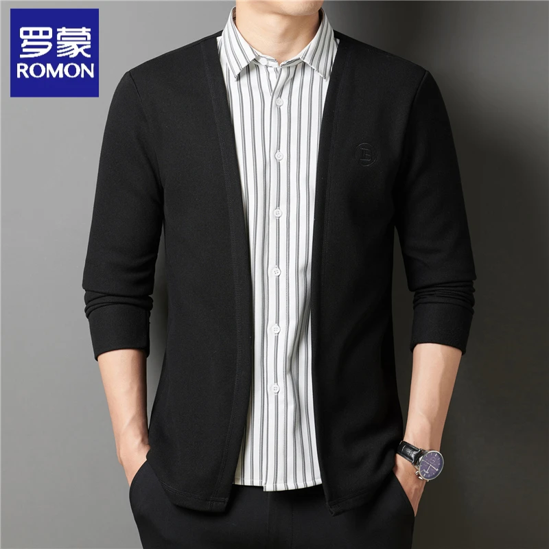 罗蒙假两件衬衫秋冬季新款男士长袖商务休闲针织衫条纹毛衣开衫男