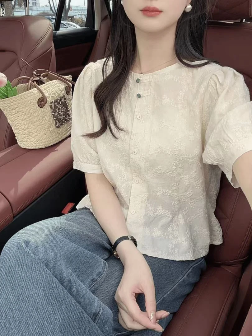 2025夏季新款纯棉提花刺绣衬衫女圆领短袖洋气泡泡袖小个子上衣