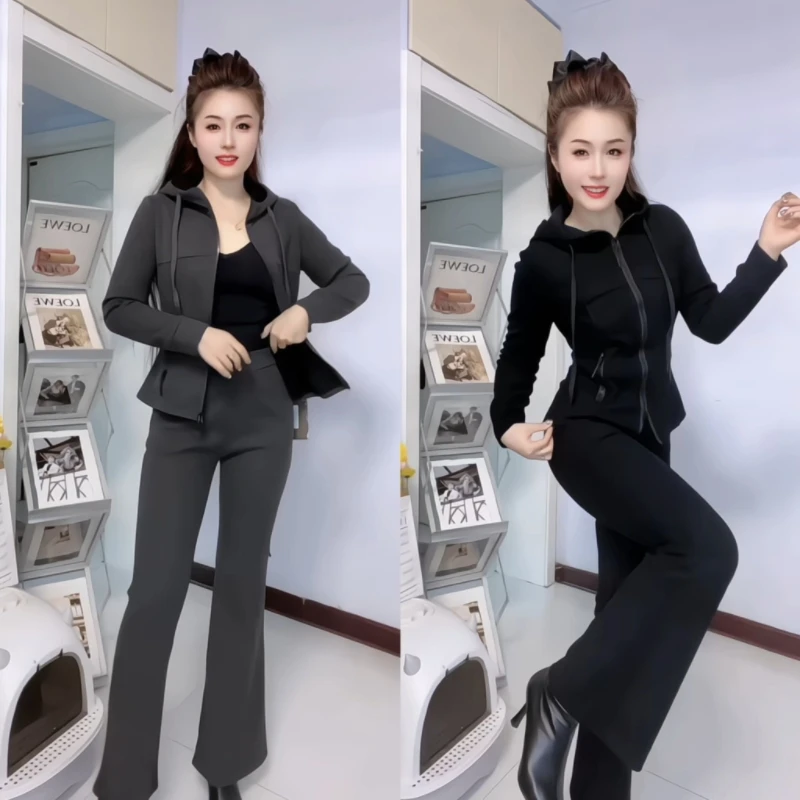 连帽卫衣搭配微喇裤时尚洋气修身显瘦加绒加厚运动套装休闲百搭女