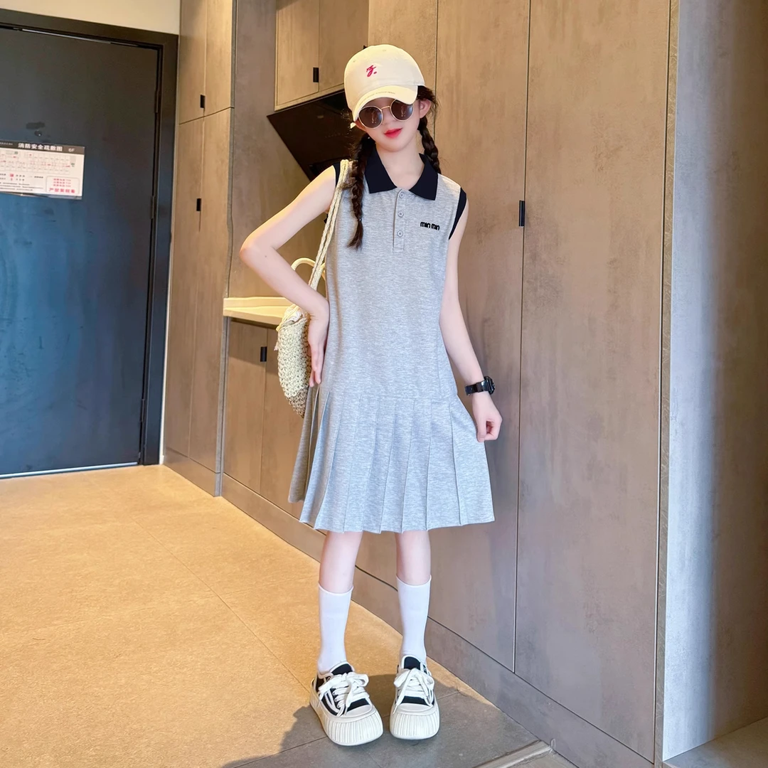 女童连衣裙2025新款夏季POLO初中生女孩裙子薄款超好看韩系百褶裙
