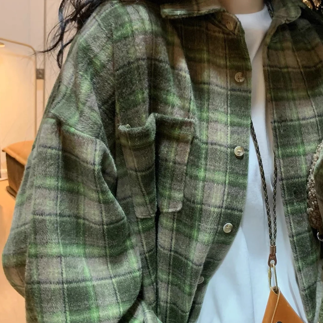 Q显白亮感磨毛羊毛呢格子衬衫外套女日系叠穿休闲厚上衣