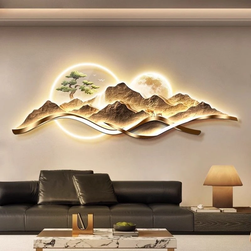 现代轻奢客厅装饰挂画背靠金山大气山水画沙发背景墙面带灯光壁画