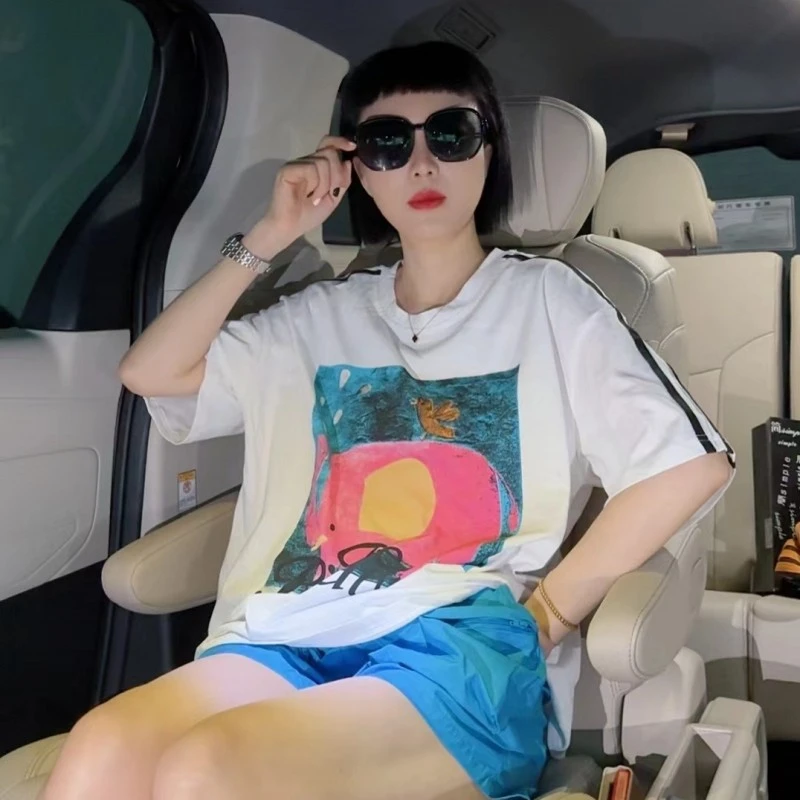 韩风小众风格（大象圆领）上衣时尚百搭字母印花洋气夏款女夏季