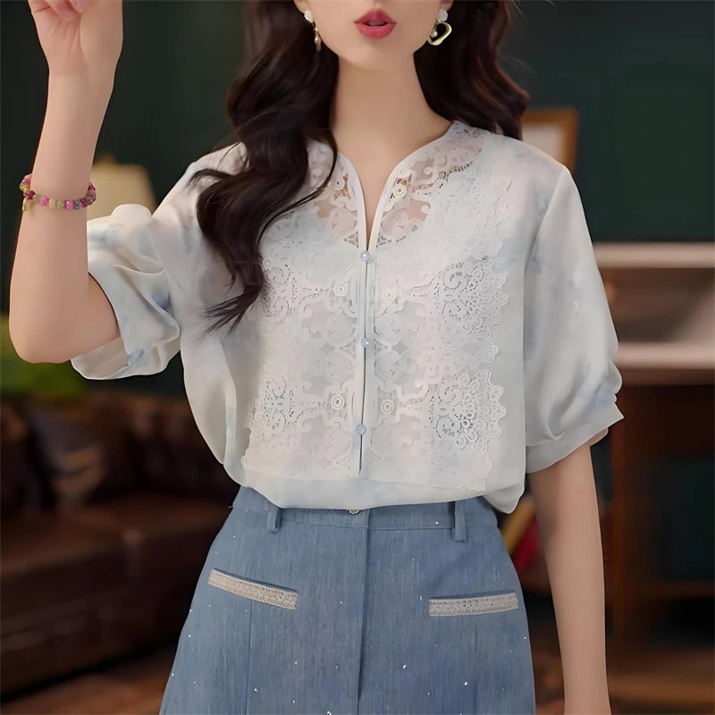 洋气减龄百搭高级感短袖衬衫女2025夏季新款时尚遮肉显瘦气质上衣