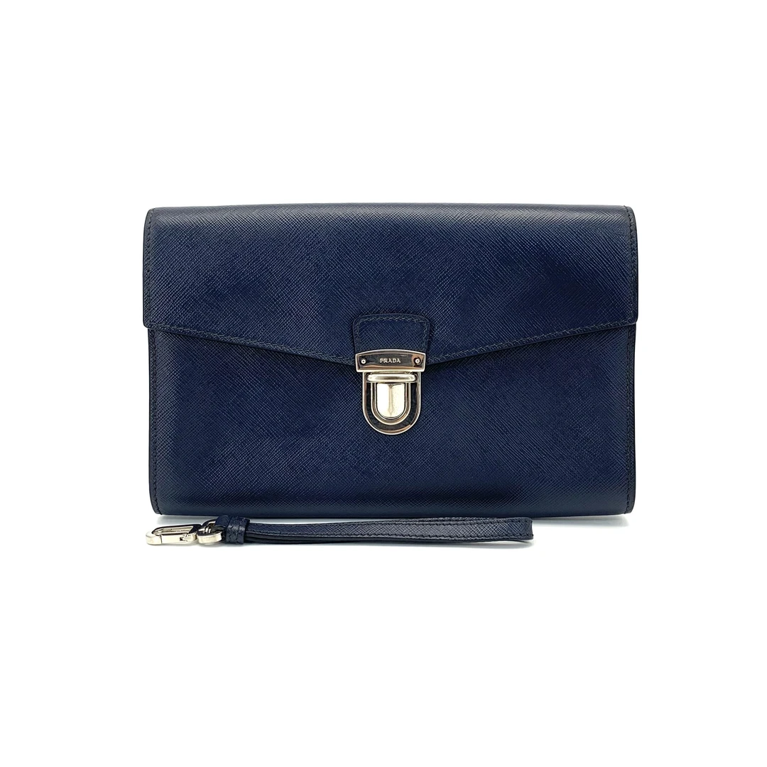 95新 Prada/普拉达 藏青色单扣手拿包 尺寸23/15