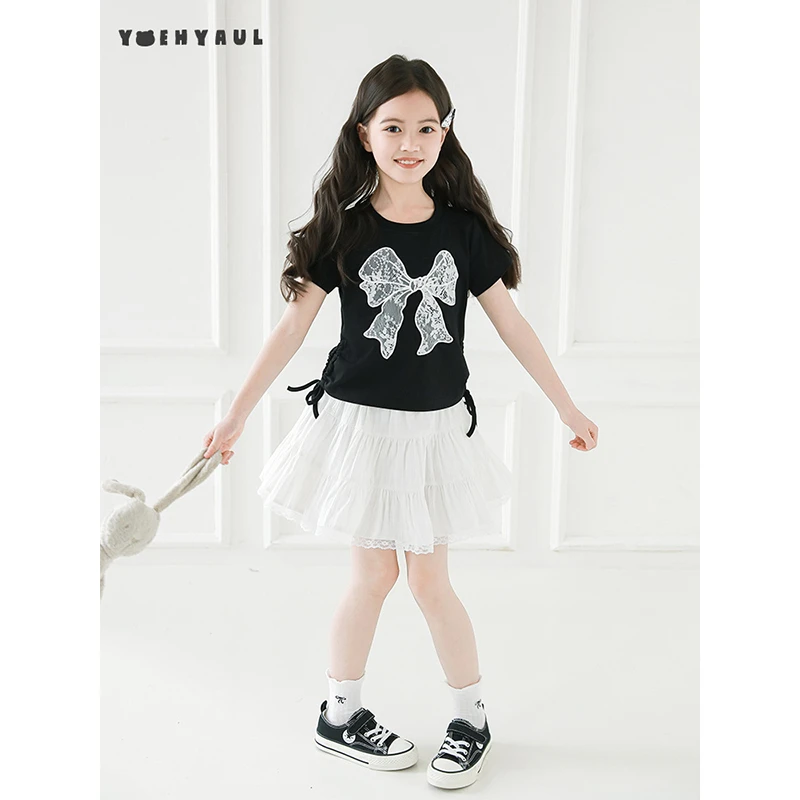 清 幼悠【夏蝉悠鸣】夏贰波CD1635 甜酷百搭 蕾丝蝴蝶结 抽绳软软T