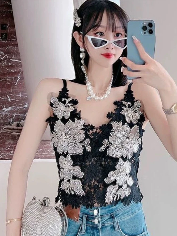 2024春夏新款重工钉珠蕾丝烫钻无袖修身自带胸垫内搭镂空吊带美背