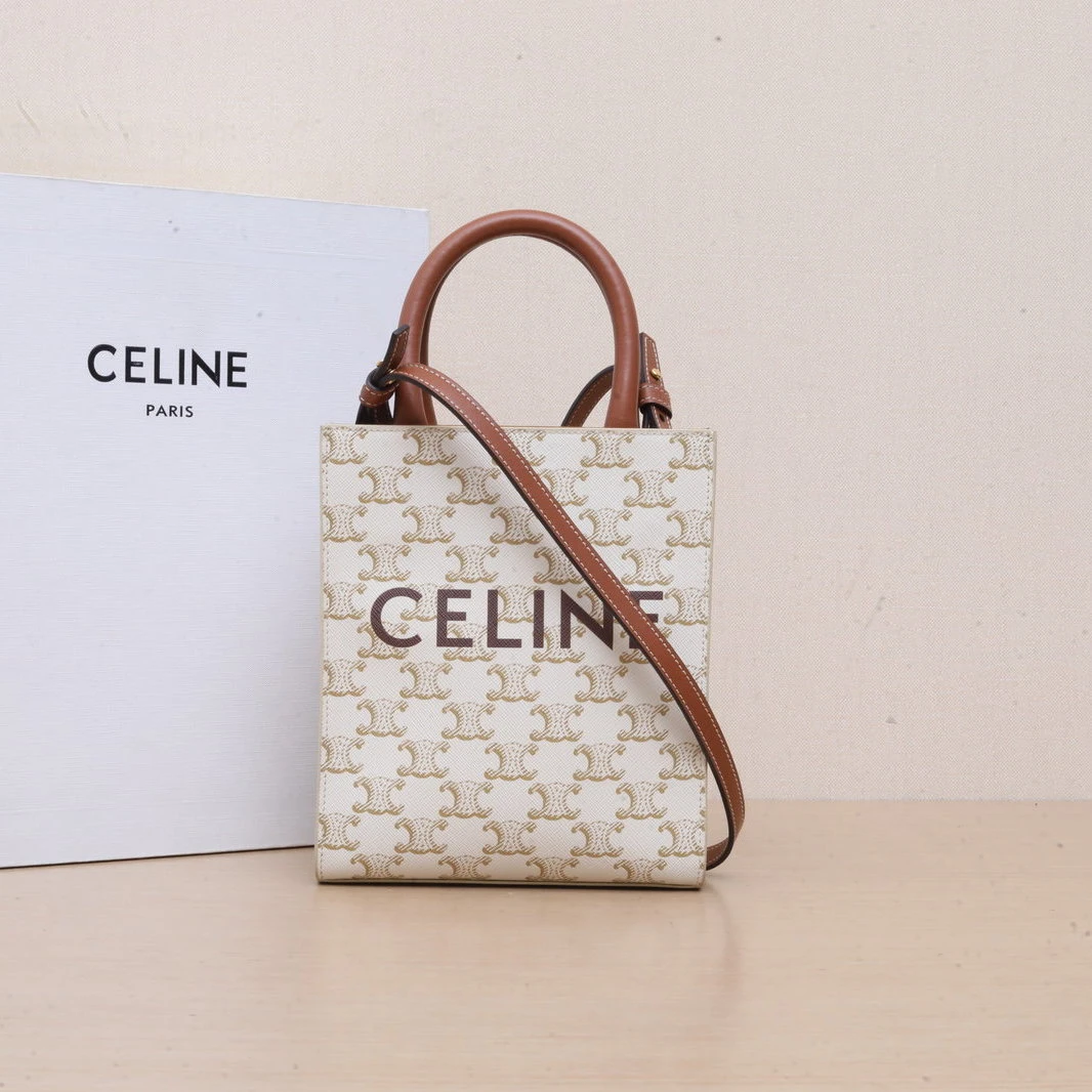 95新 Celine/思琳 【黑黑】竖款手袋 Mini 凯旋门印花 白色