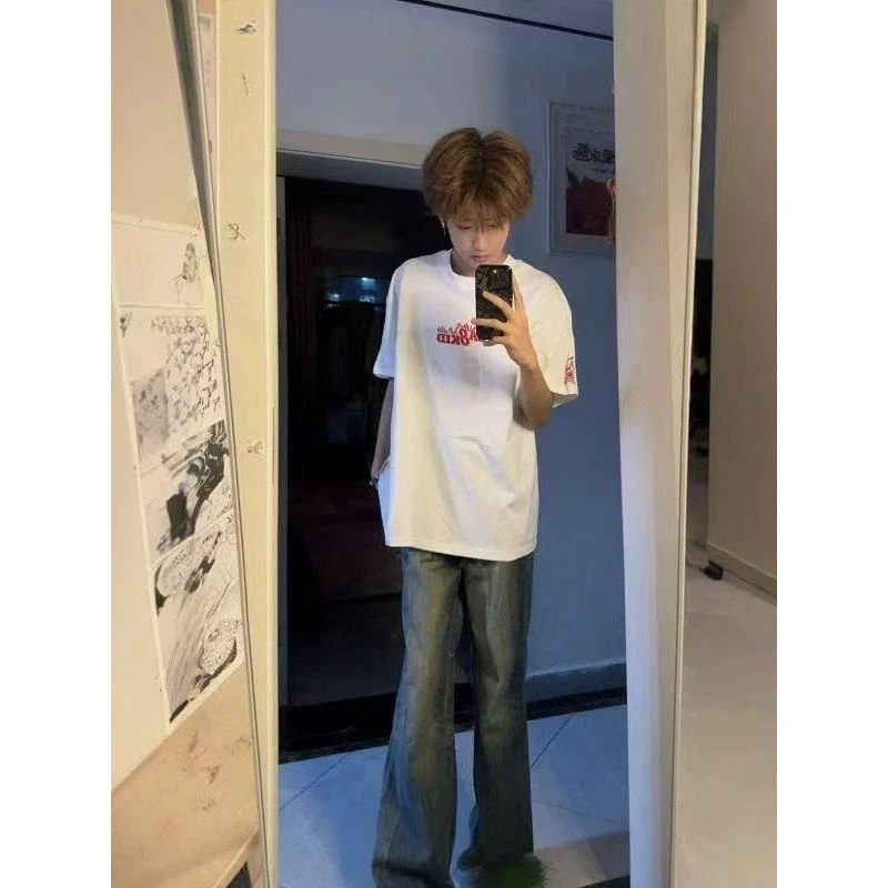 2025美式潮流小火苗刺绣字母短袖t恤男夏季痞帅宽松休闲情侣上衣