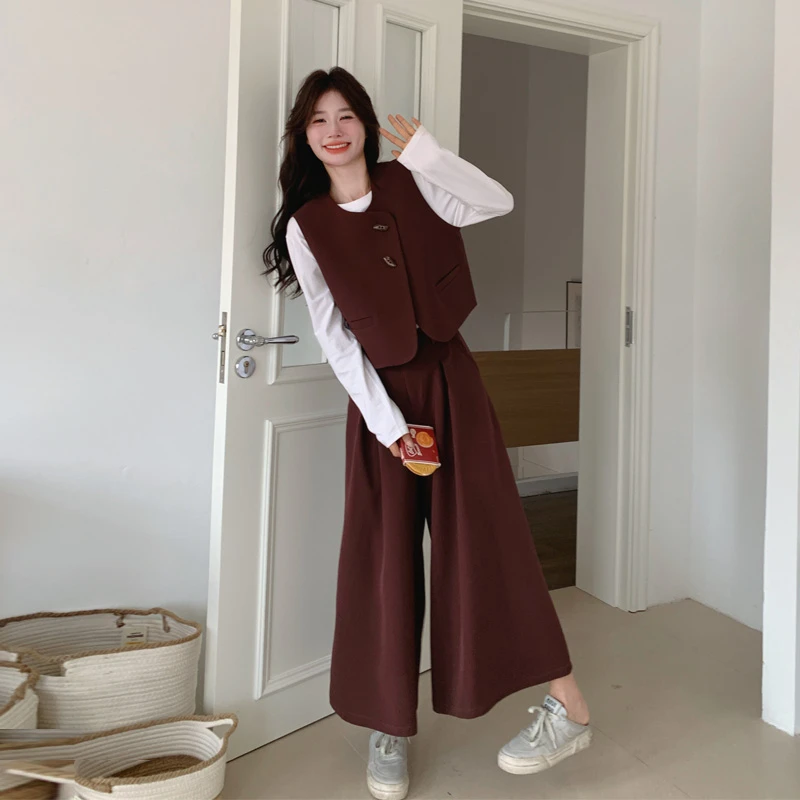 慵懒风裙裤套装女2025春秋新款气质韩系休闲氛围感马甲长裤两件套