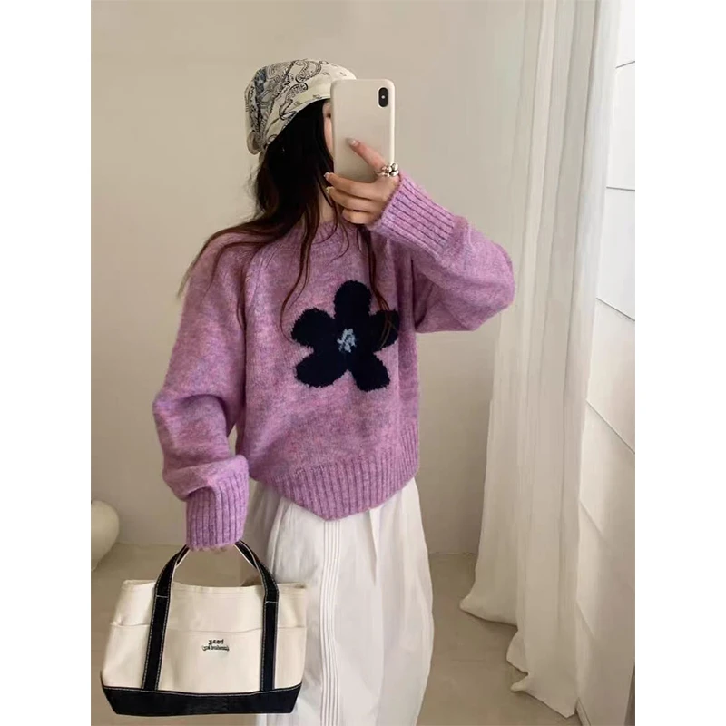 【丹姐家~花朵套头毛衣】韩系减龄百搭长袖针织衫女上衣