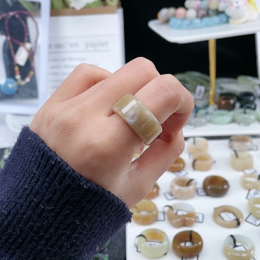 和田玉未镶嵌戒指P133牛轧糖圆切16.9不退换