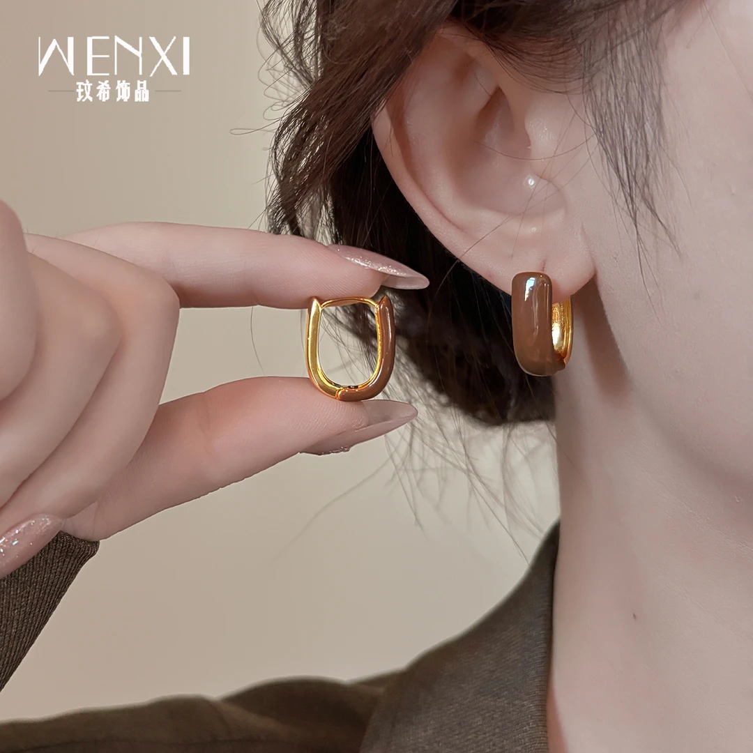 铜合金珐琅耳饰 美拉德U形耳环秋冬高级感耳钉女轻奢小众时尚饰品