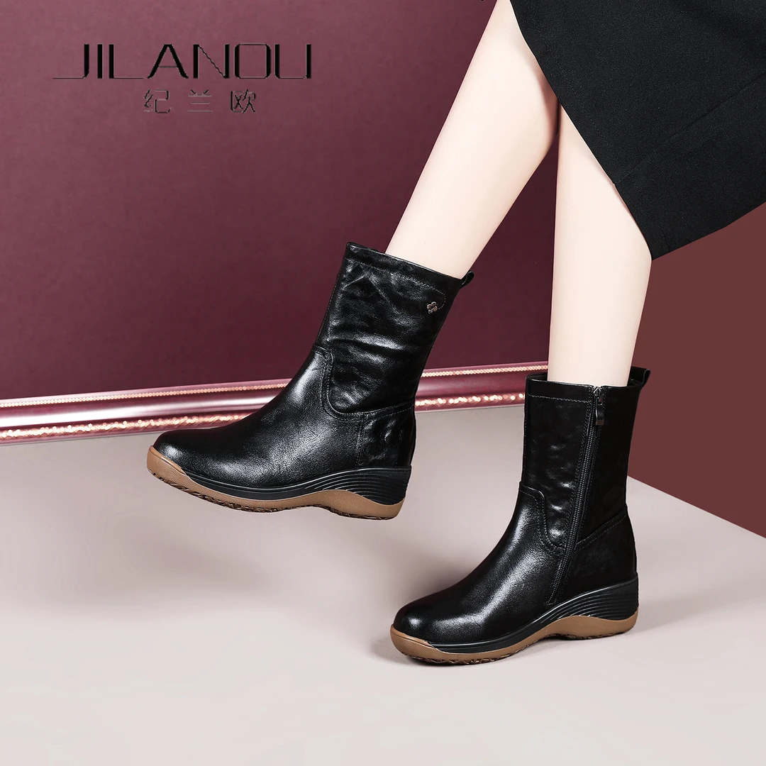 加绒加厚真皮中筒靴女2025冬季新款女鞋坡跟软底短靴防滑厚底靴子