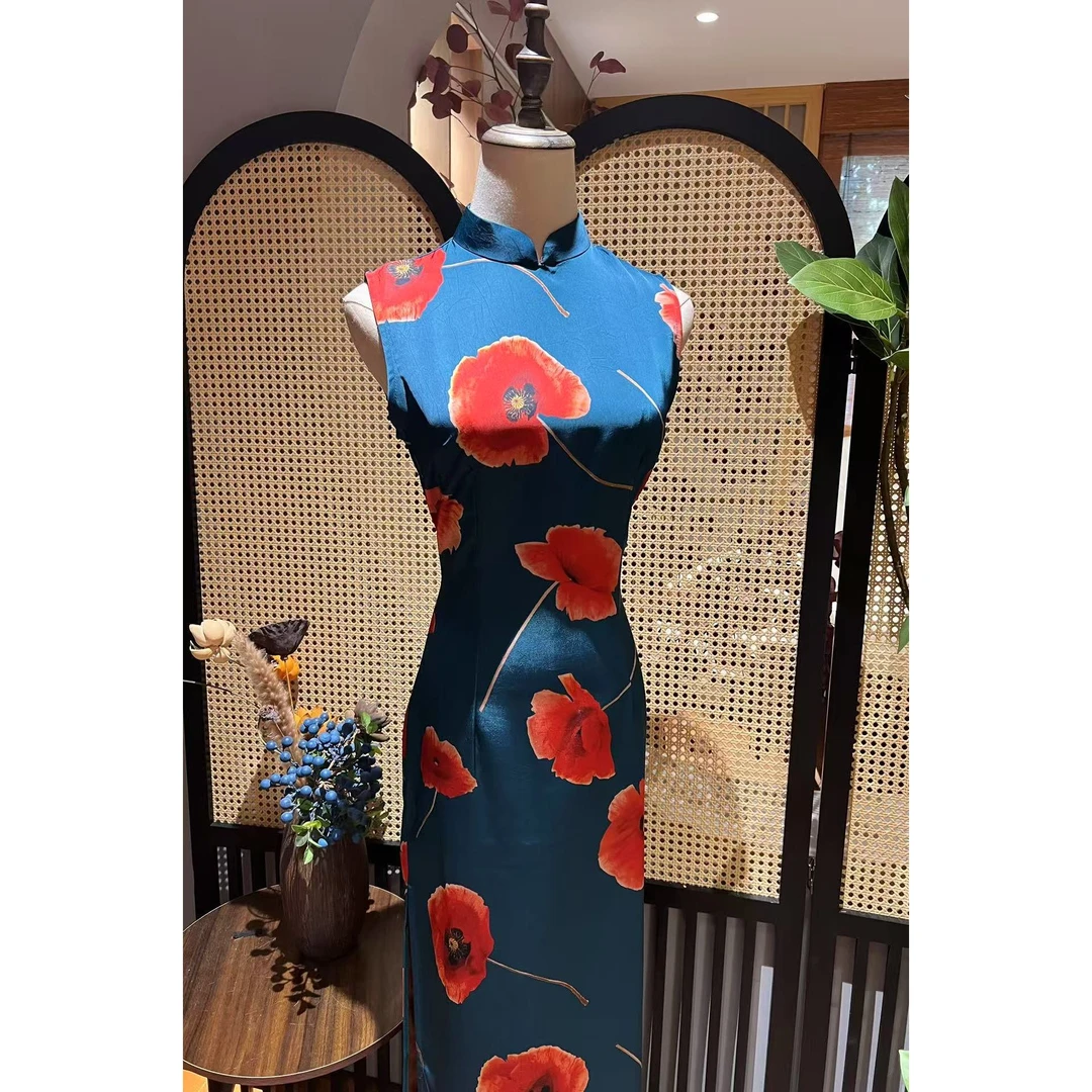 戚薇原创【三生有杏】长125左右新款新中式国风品质单层丝缎旗袍