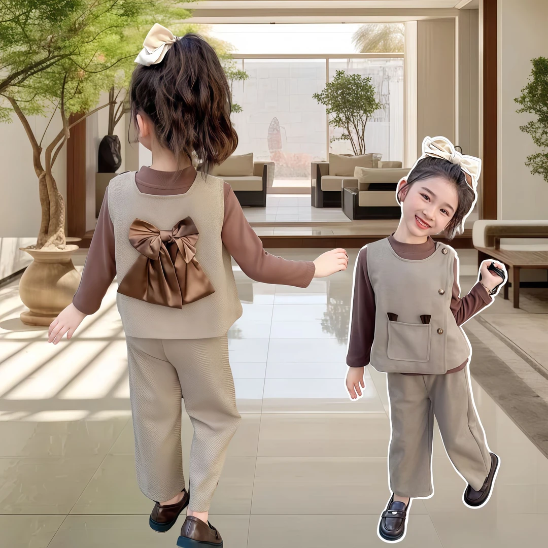 春装马甲套装洋气春秋新款儿童网红蝴蝶结三件套女童宝宝韩版潮衣