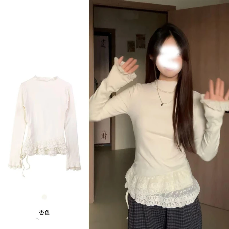 【金咕咕】胖mm2024秋冬打底内搭蕾丝花边长袖T恤女秋冬装