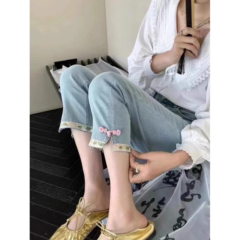 欧货国风新中式弹力烟管裤八九分小直筒法棍牛仔裤女显瘦春季大码